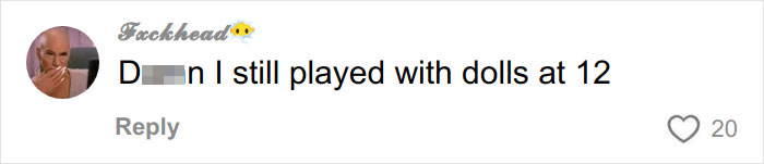 Comment on social media about playing with dolls at age 12, related to Christmas gift haul for daughter backlash. Comment on social media about playing with dolls at age 12, related to Christmas gift haul for daughter backlash.
