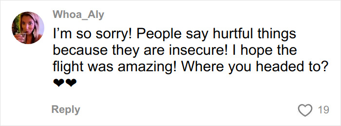 Comment expressing sympathy after woman breaks down in tears on flight due to seatmate&rsquo;s body-shaming text incident.