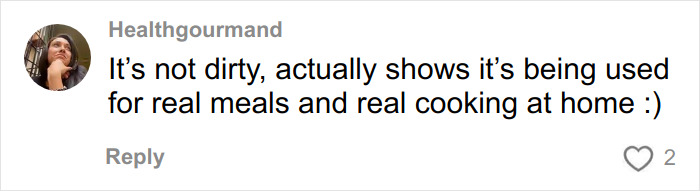 Comment from user Healthgourmand defending kitchen cleanliness, related to Elton John clapping back at fans over kitchen detail.