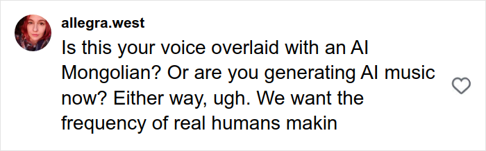 Comment from allegra.west questioning if the voice is overlaid with AI in Mongolian jingle bells throat singing viral Christmas anthem.