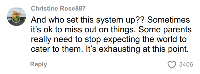 Comment criticizing parents for expecting accommodations due to kids' noise on an airplane, expressing exhaustion with the situation.