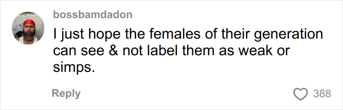 Comment by user bossbamdadon expressing hope that females of their generation won&rsquo;t label young Black men as weak or simps.
