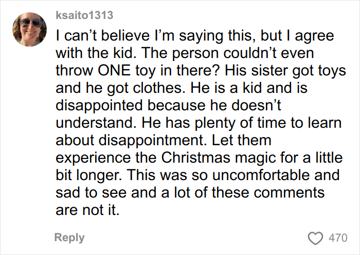 Screenshot of a social media comment discussing a child's reaction to Angel Tree gifts and feelings of disappointment.