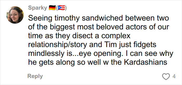 Screenshot of a social media comment mocking Timothée Chalamet’s Love Actually misread with wild reactions online. Screenshot of a social media comment mocking Timothée Chalamet’s Love Actually misread with wild reactions online.