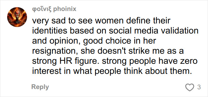 Comment criticizing an HR executive on social media, discussing identity and public opinion related to resignation.