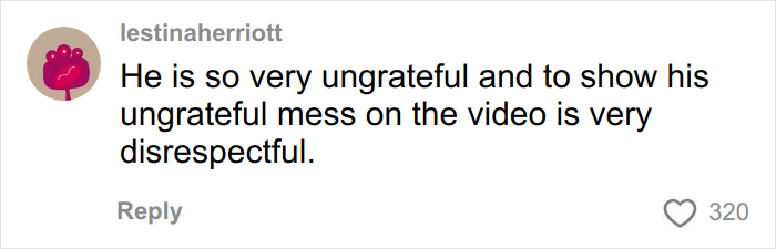 Social media comment criticizing son's ungrateful reaction to Angel Tree gifts in viral video shared by mom.