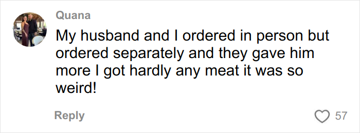 Comment from a user named Quana describing an experience of receiving less meat on her Chipotle order compared to her husband's order.