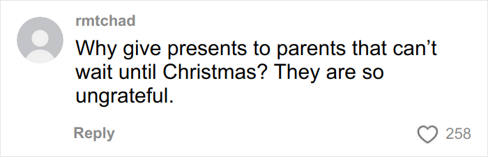 Comment screenshot showing a critical opinion about ungratefulness related to Angel Tree gifts during Christmas season.