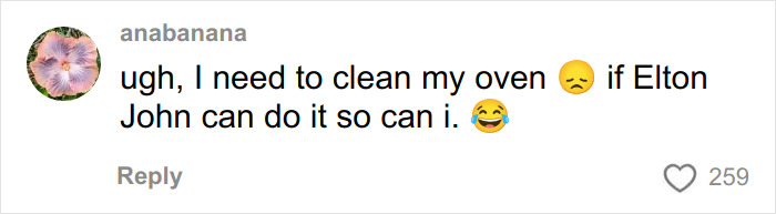 Comment on social media expressing reluctance to clean oven, referencing Elton John as motivation with emojis included.