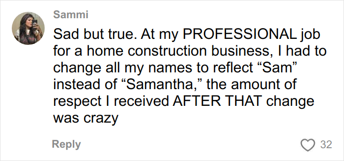 Comment by Sammi sharing experience of receiving more respect after changing name from Samantha to Sam in professional setting.