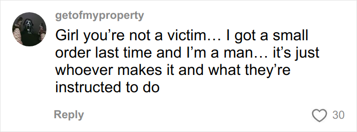 Screenshot of a social media comment discussing Chipotle food order sizes under male names, expressing skepticism.