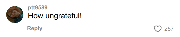 Screenshot of a social media comment reading How ungrateful, relating to mom filming son&rsquo;s reaction to Angel Tree gifts.