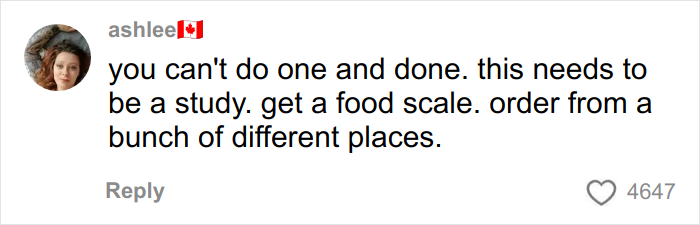 A social media comment suggesting a study using a food scale to test Chipotle orders under different names.