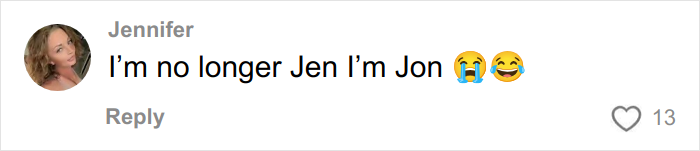 Comment from Jennifer stating she is now Jon with crying and laughing emojis, related to Chipotle food order test under male names.