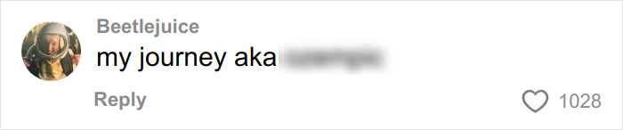 Comment by user Beetlejuice discussing their journey, displayed on a social media platform with 1028 likes. Comment by user Beetlejuice discussing their journey, displayed on a social media platform with 1028 likes.