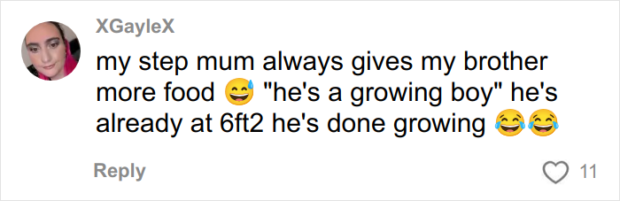 Tweet screenshot about a stepmom giving more food to a brother, related to Chipotle food orders under male names.