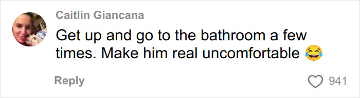 Screenshot of a social media comment about making someone uncomfortable, related to woman breaking down in tears on flight body-shaming incident.