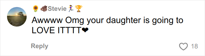 Screenshot of a social media comment praising a Christmas gift haul for daughter, expressing enthusiasm and love. Screenshot of a social media comment praising a Christmas gift haul for daughter, expressing enthusiasm and love.