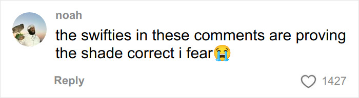 Screenshot of a social media comment reacting to Josh Hutcherson's snarky comment about Taylor Swift sparking fierce online debate. Screenshot of a social media comment reacting to Josh Hutcherson's snarky comment about Taylor Swift sparking fierce online debate.