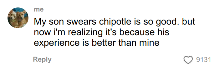 Comment on social media about Chipotle food quality differences under male names, questioning order experiences and portion sizes.
