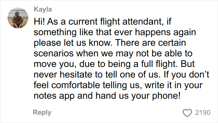 Comment from a flight attendant advising passengers on handling uncomfortable situations and reporting body-shaming incidents on flights.
