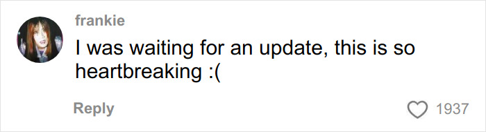 Comment by user frankie expressing heartbreak while waiting for an update on struggling Nickelodeon star’s motel stay.