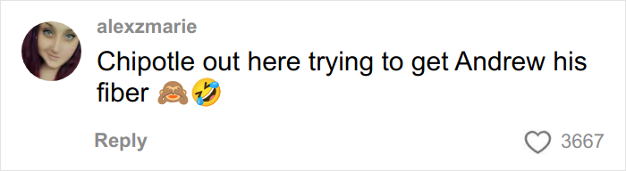 TikTok comment about Chipotle allegedly giving more food in orders under male names, referencing Andrew and fiber.