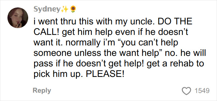 Comment urging to get help for struggling Nickelodeon star during motel stay, highlighting desperate call for rehab intervention.