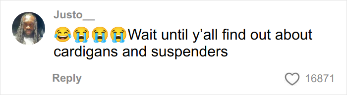 Social media comment with laughing and crying emojis, discussing fashion trends among young Black men transforming their looks.