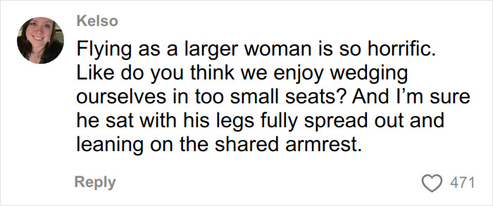 Tweet by Kelso discussing the challenges of flying as a larger woman and dealing with small airplane seats.