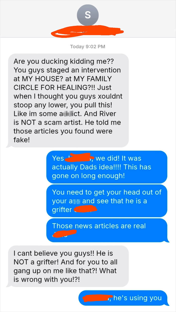 Text message exchange showing family arguing about barefoot spiritual advisor causing chaos at Thanksgiving intervention.