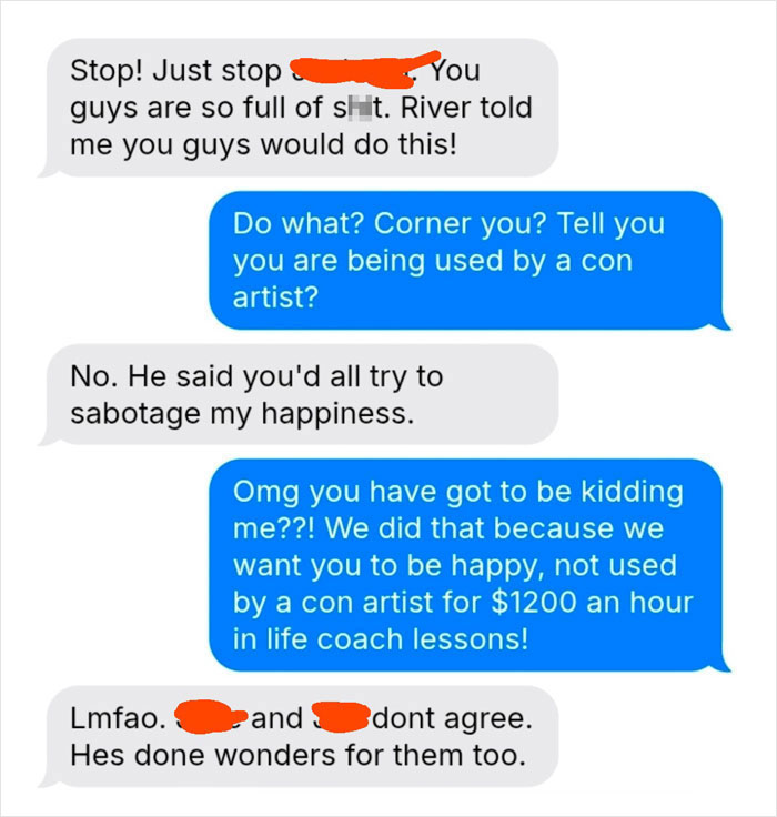 Text message exchange showing family conflict involving a barefoot spiritual advisor causing Thanksgiving chaos.