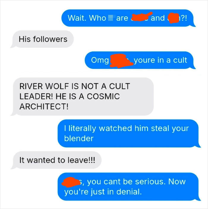 Text conversation with humorous debate about barefoot spiritual advisor causing comical chaos at Thanksgiving gathering.