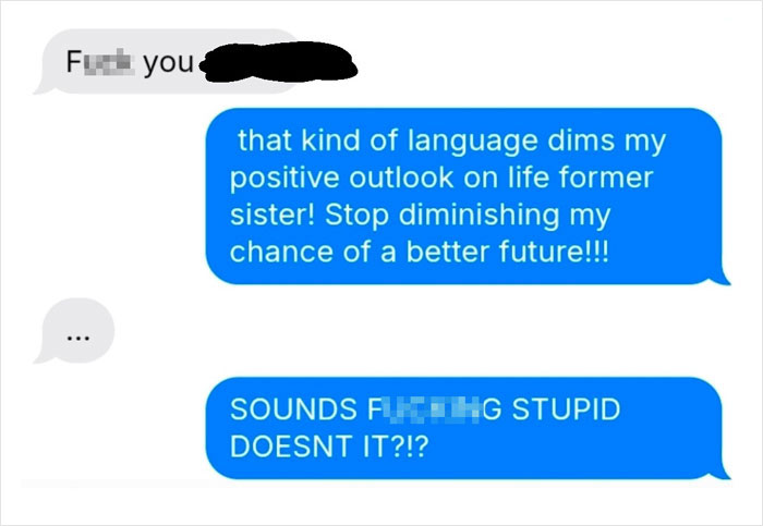 Text message exchange showing a heated argument linked to sister&rsquo;s barefoot spiritual advisor causing comical chaos at Thanksgiving.