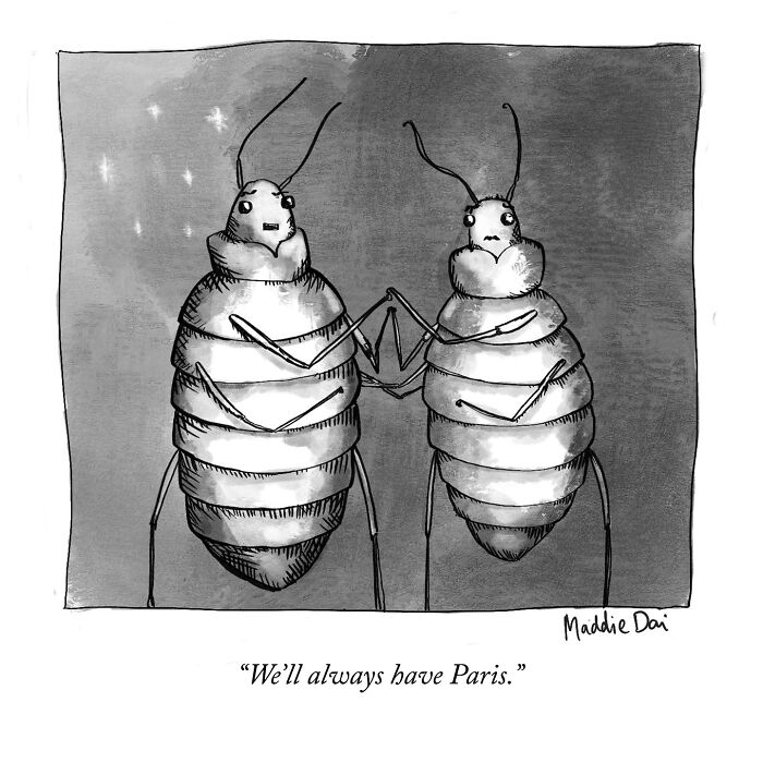 Two cartoon insects holding pincers with a caption about Paris, illustrating clever and relatable cartoons by Maddie Dai.