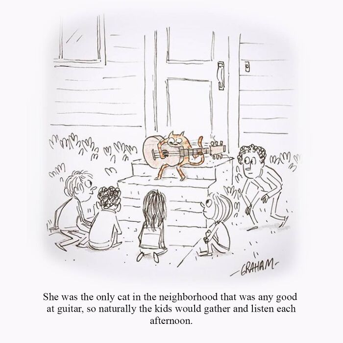 Cat playing guitar on porch while kids watch, a Graham Annable one panel comic with an unexpected twist.