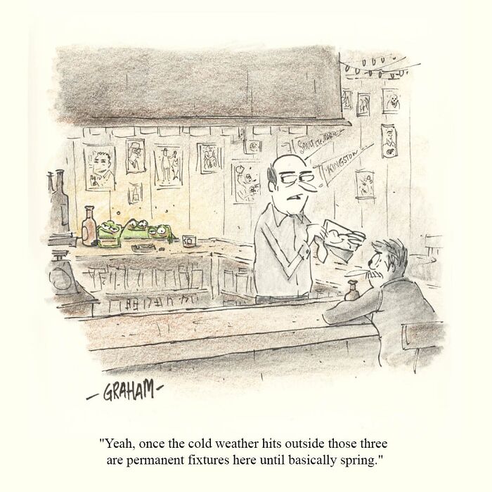 Bar scene in a Graham Annable one panel comic showing a bartender and a customer with humorous dialogue.