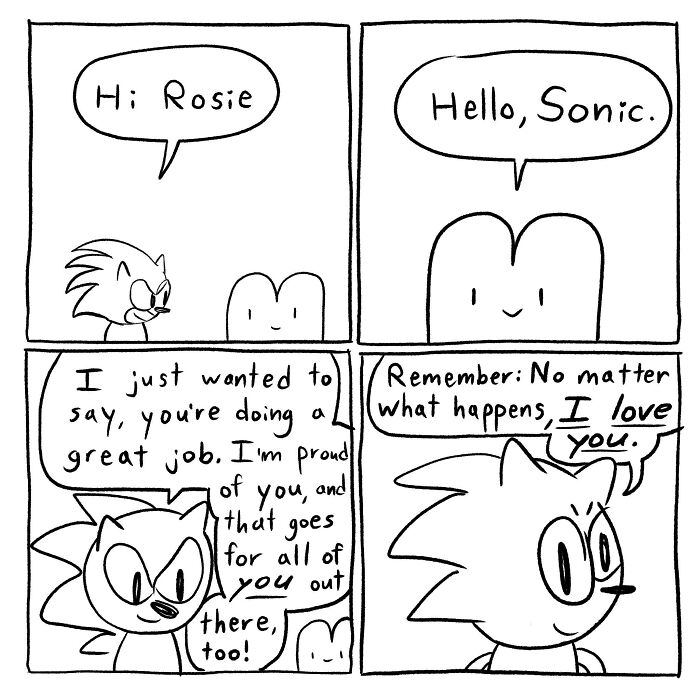 Comic strip featuring Sonic and Rosie characters exchanging supportive and relatable dialogue in 42 comics by Cyelatm.