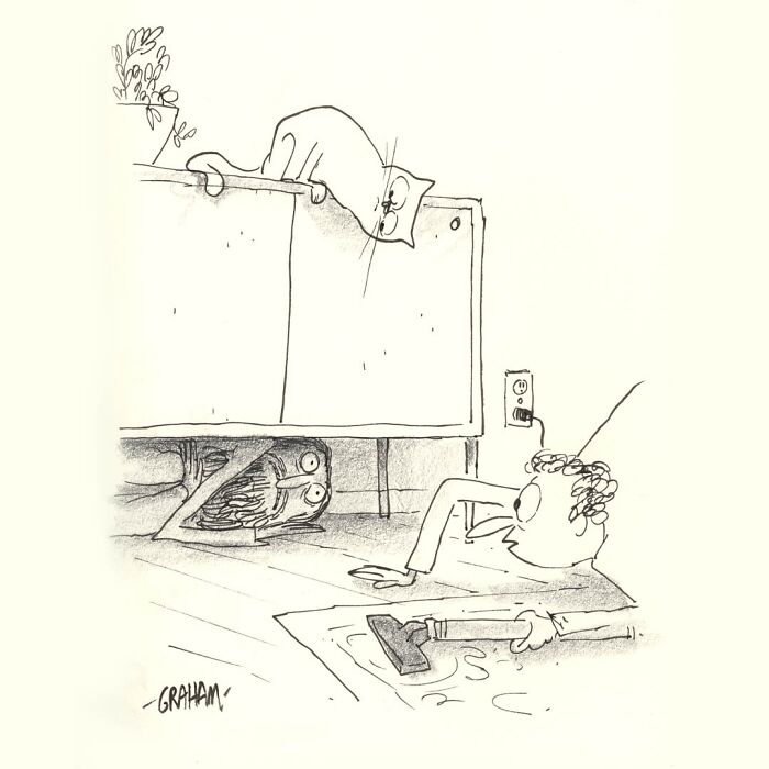 One panel comic by Graham Annable showing a person vacuuming with a cat and surprise creature underneath furniture.