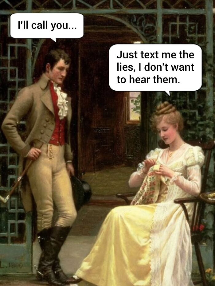 Classical painting with a man and woman cleverly captioned, blending vintage art and modern Instagram humor.