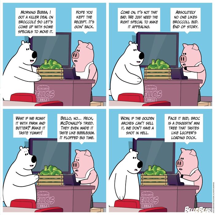 Bello Bear comic artist characters discuss broccoli specials in a colorful, humorous online comic strip.