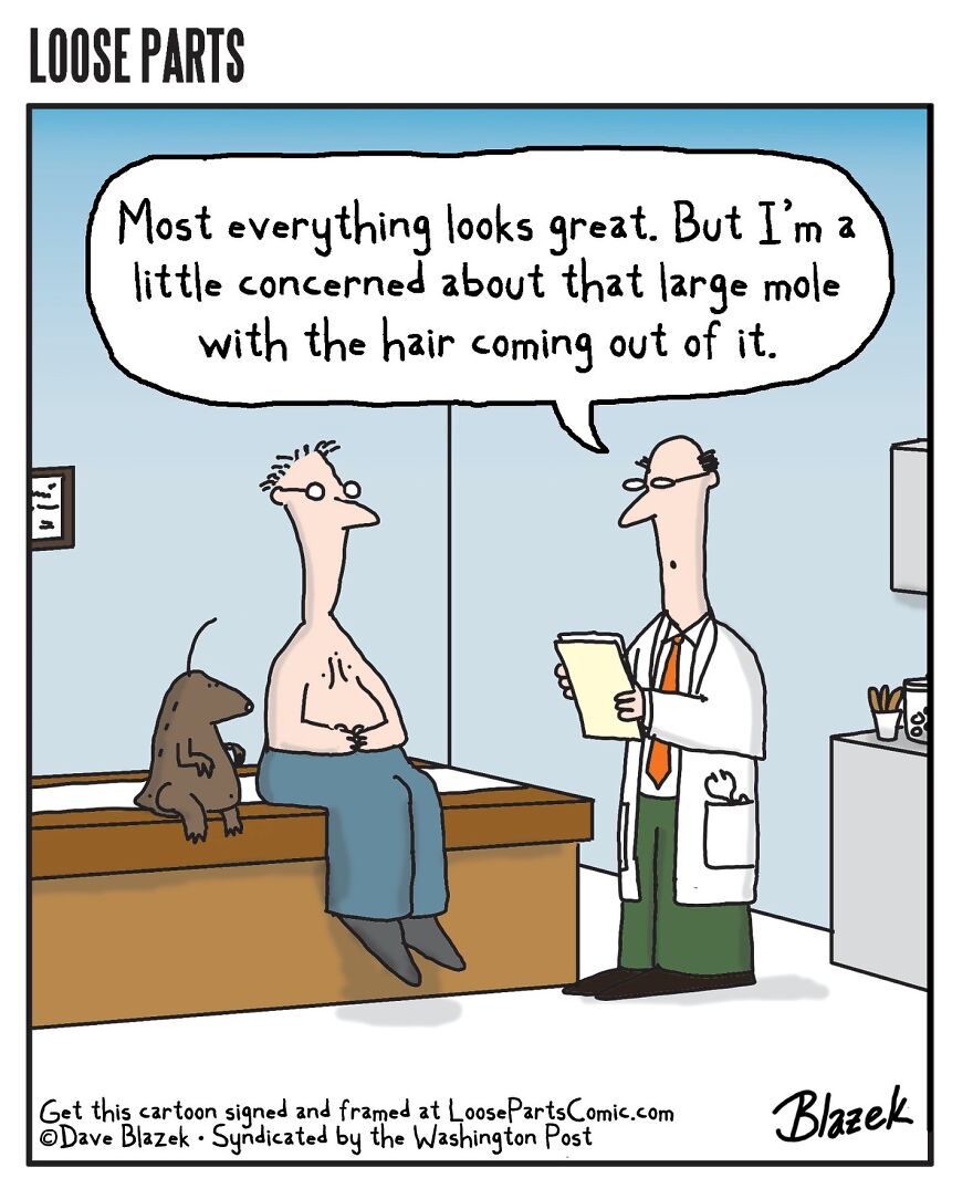 Cartoon showing a doctor humorously concerned about a large mole with hair during a hospital-themed medical exam.