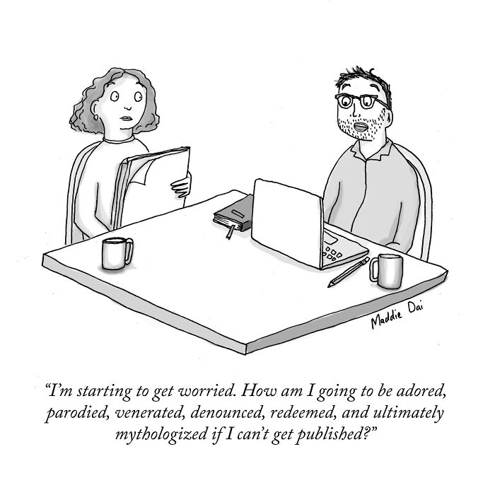 Cartoon by Maddie Dai showing a worried woman and a man at a table discussing fears of not getting published.