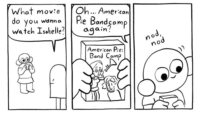 Comic strip by Cyelatm showing a character choosing to watch American Pie Bandcamp, relatable comic moment.
