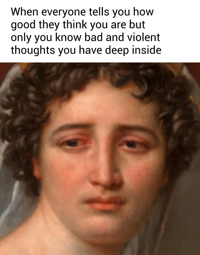 Close-up of a classical painting showing a somber face with a humorous caption, part of classical paintings cleverly captioned.