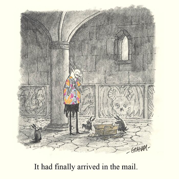 Dark gothic scene with quirky characters in colorful shirts opening a mysterious box in Graham Annable one panel comics.