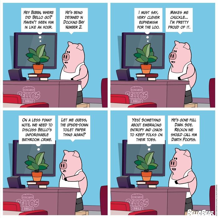 Comic strip featuring a pig character discussing humor and curiosity in Bello Bear's addictive online comic stories.
