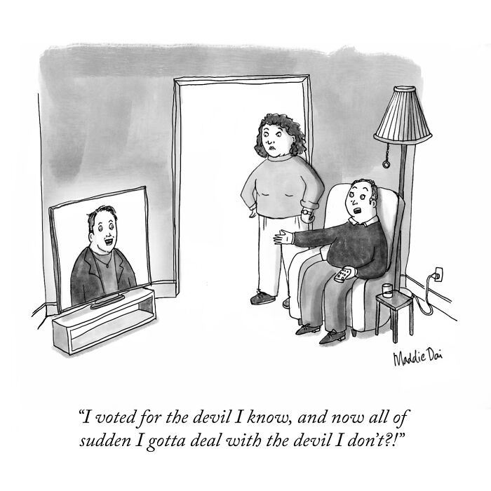 Black and white cartoon by Maddie Dai showing a shocked couple reacting to a man on TV, illustrating clever and relatable humor.
