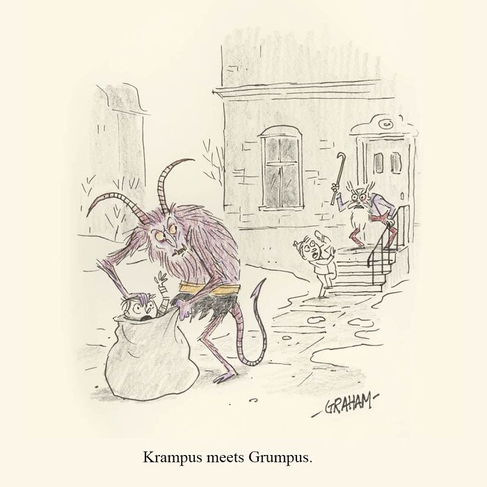 One panel comic by Graham Annable showing a creature grabbing a child with a shocked man holding a cane nearby.