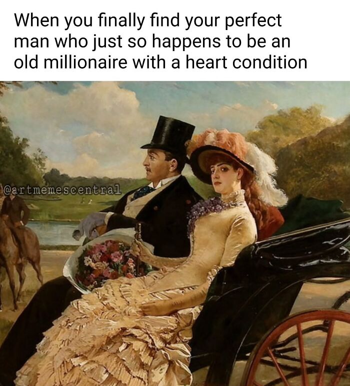 Classical painting of a Victorian couple in a carriage captioned with a humorous modern relationship meme by Instagram creator.